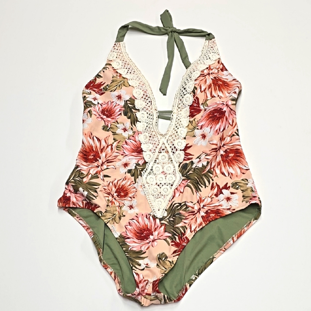 Kona Sol Green Floral Swimsuit Large
